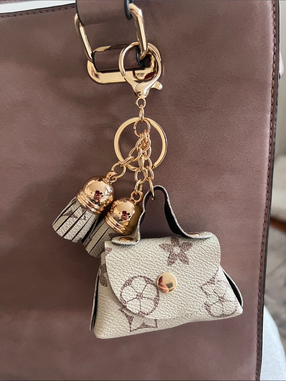 Monogram Mini Bag Charm Keychain with Gold Hardware